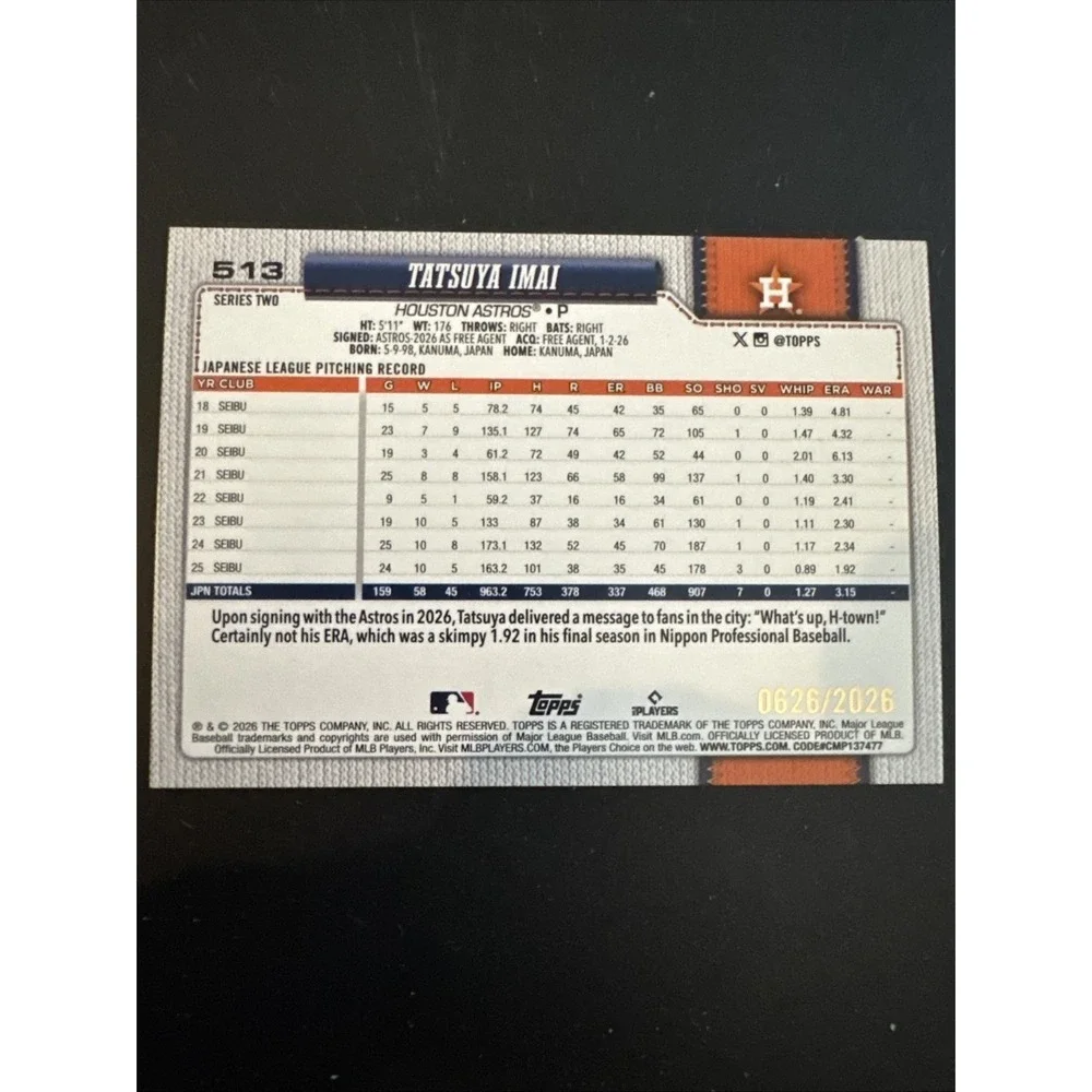 2026 Topps Series 2 Tatsuya Imai RC Gold Parallel /2026 #513 Houston Astros